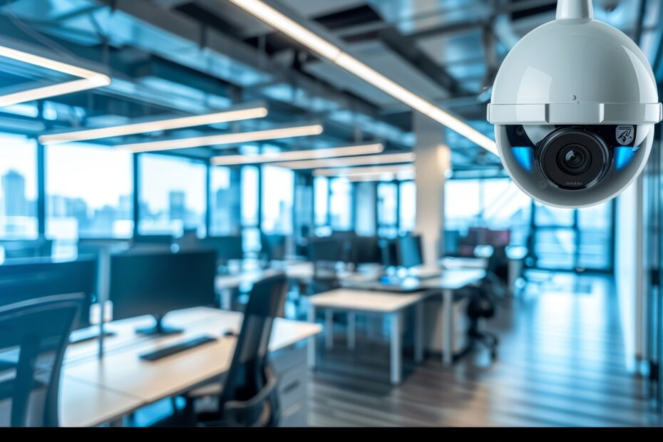Security cameras are strategically p throughout the office space to monitor employee behavior and detect any potential insider threats