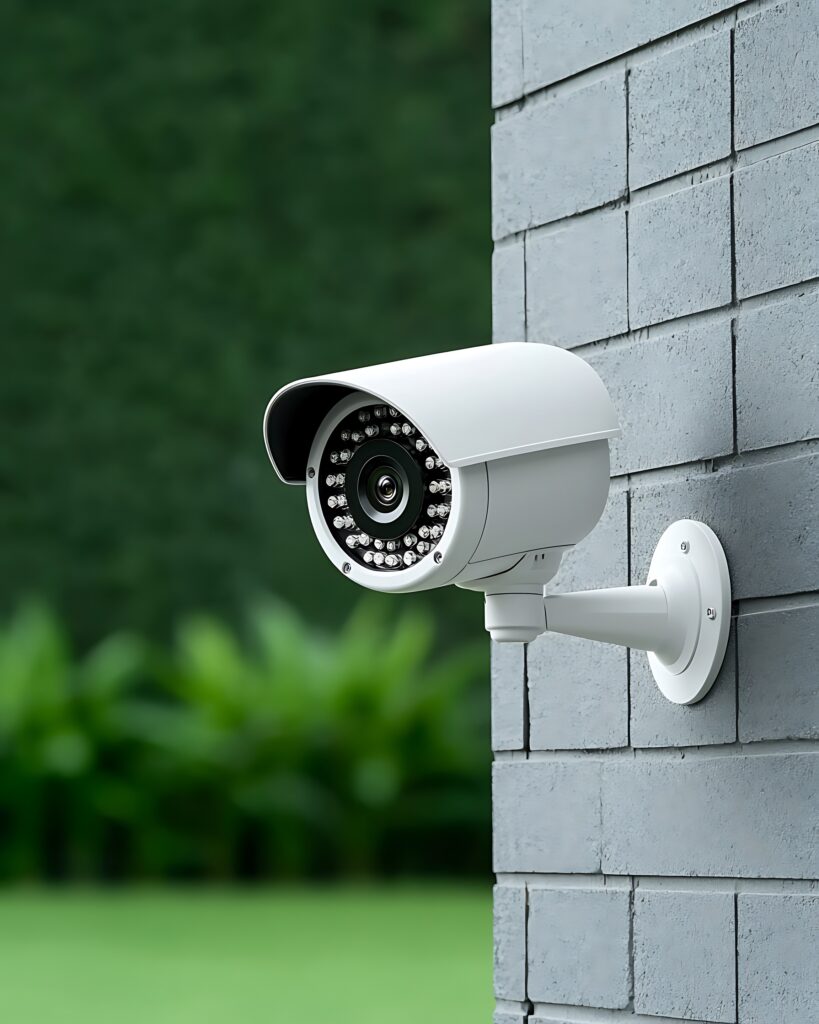 there is a camera mounted on the side of a building